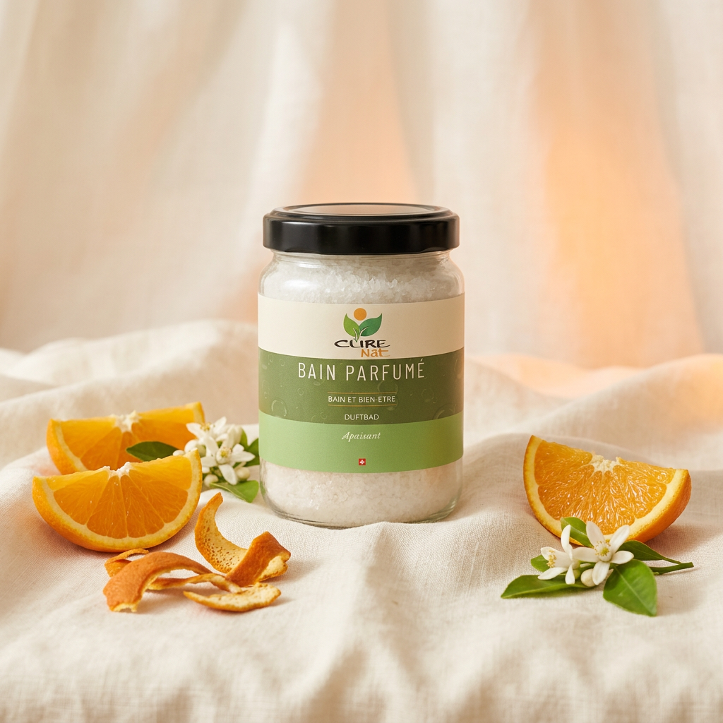 Pot de Bain Parfumé Apaisant CureNat entouré de feuilles de petit grain mandarine et de fleurs blanches