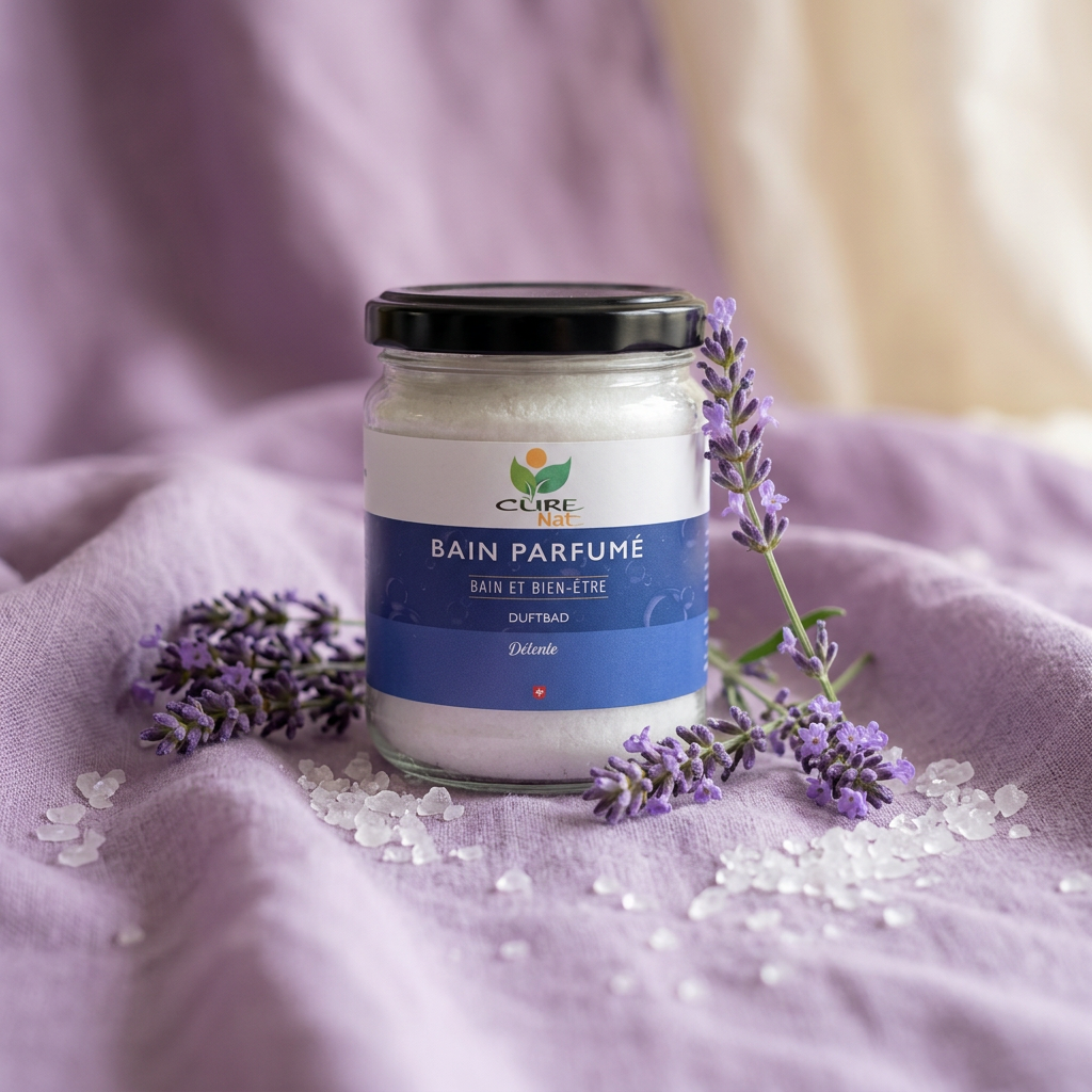 Pot de Bain Parfumé Détente CureNat entouré de brins de lavande et de cristaux de sel