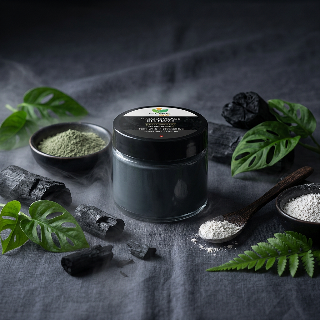 Pot de Masque des Mayas CureNat avec charbon actif et argile verte sur lin gris foncé