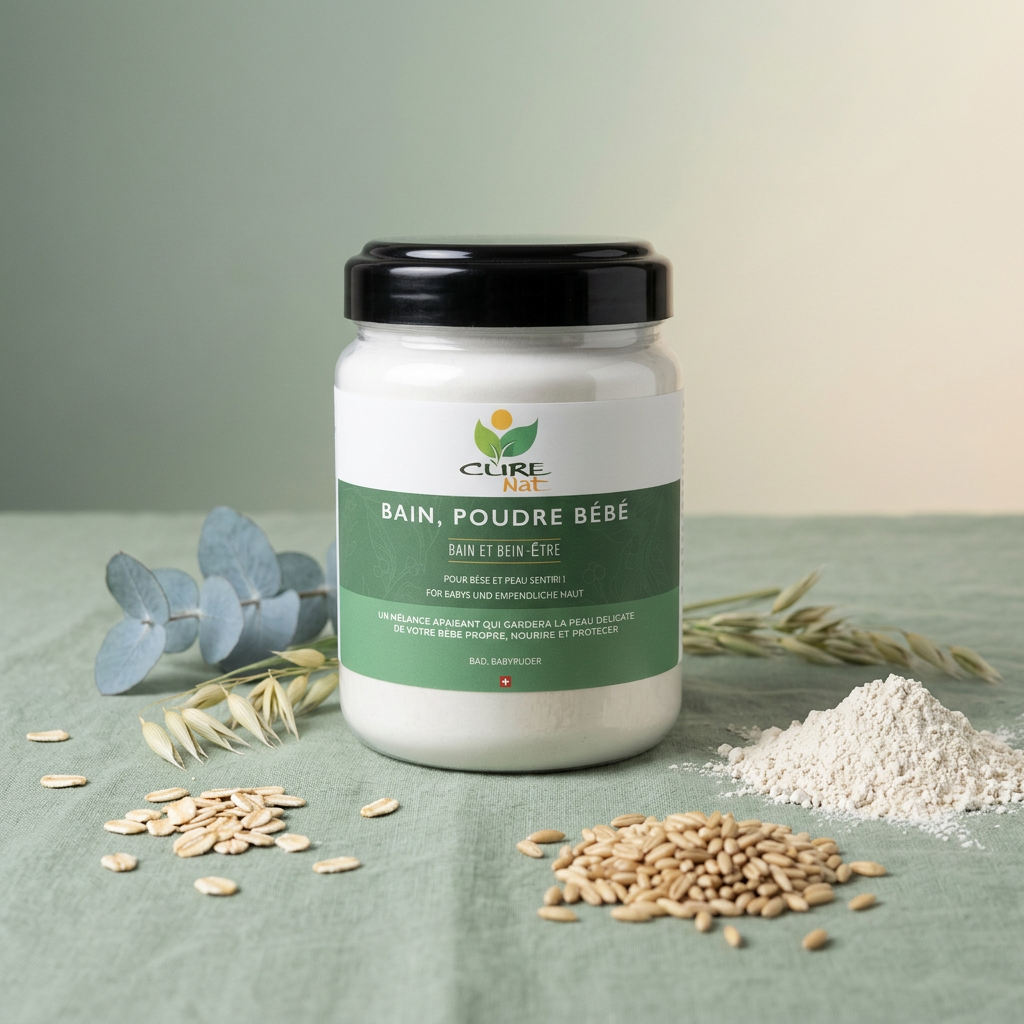 Pot de Bain & Poudre Bébé CureNat entouré d'avoine, de farine d'avoine et d'argile blanche kaolin sur lin vert sauge