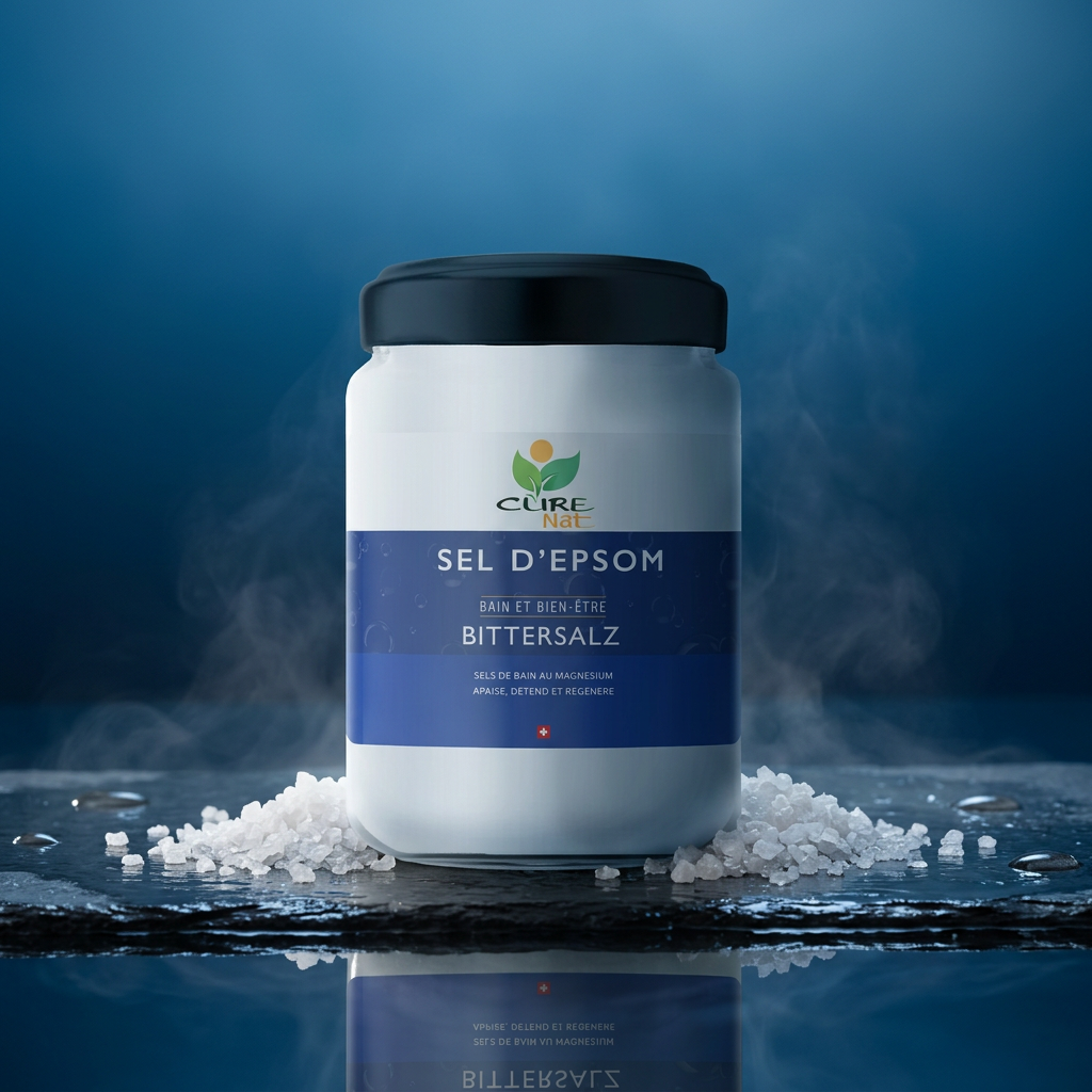 Pot de Sel d'Epsom CureNat sur ardoise humide avec cristaux de sel