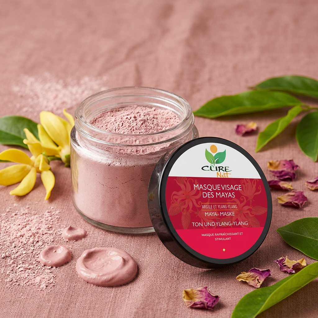 Pot de Masque des Mayas Ylang-Ylang CureNat sur lin rose avec fleurs d'ylang-ylang