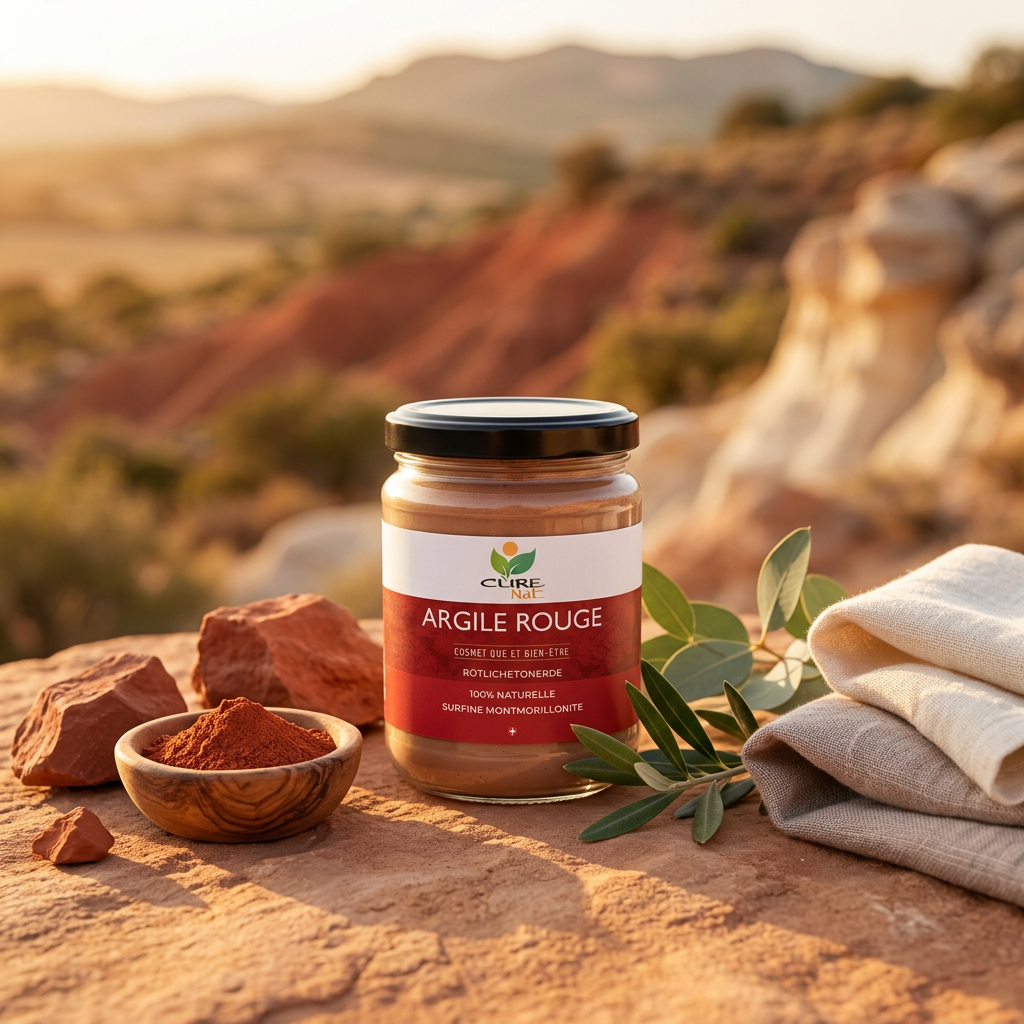 Pot d'argile rouge Montmorillonite CureNat dans un paysage sarde aux teintes terre rouge