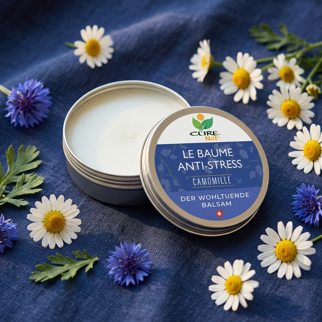 Boîte aluminium de baume anti-stress camomille CureNat sur lin bleu avec fleurs de camomille