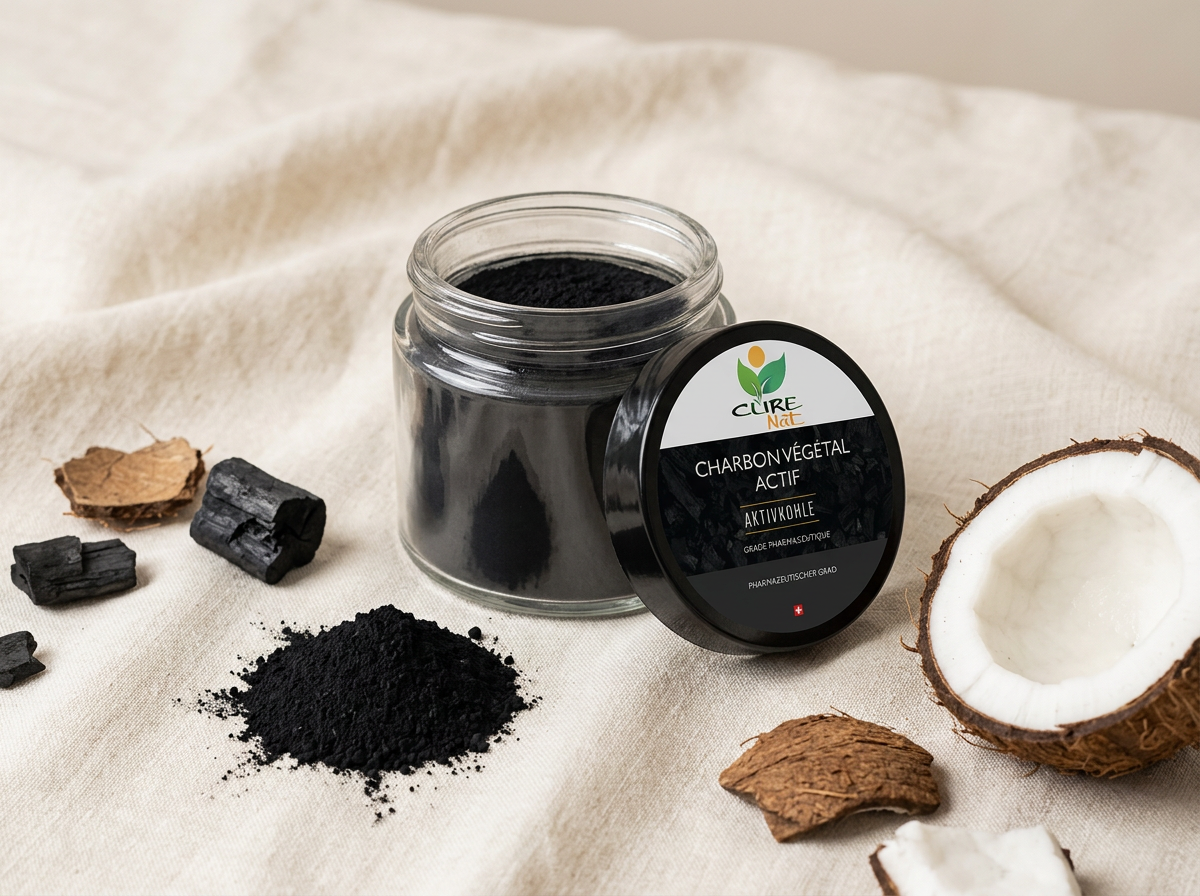 Pot CureNat Charbon Végétal Actif grade pharmaceutique sur lin crème avec poudre de charbon et noix de coco
