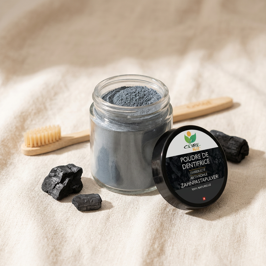Pot de poudre de dentifrice au charbon actif CureNat avec brosse en bambou sur lin anthracite