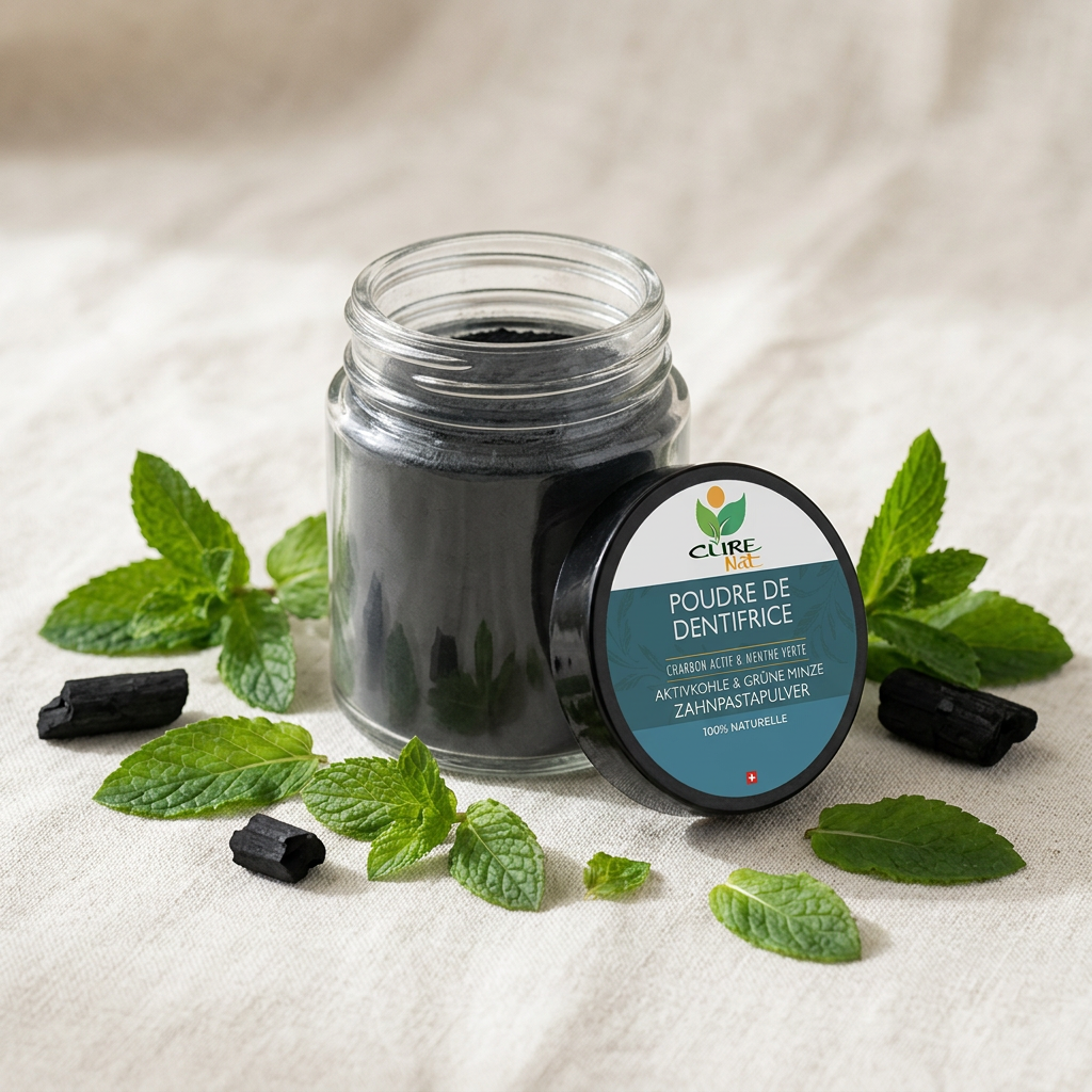 Pot de poudre de dentifrice au charbon actif et menthe verte CureNat entouré de feuilles de menthe fraîche et de morceaux de charbon
