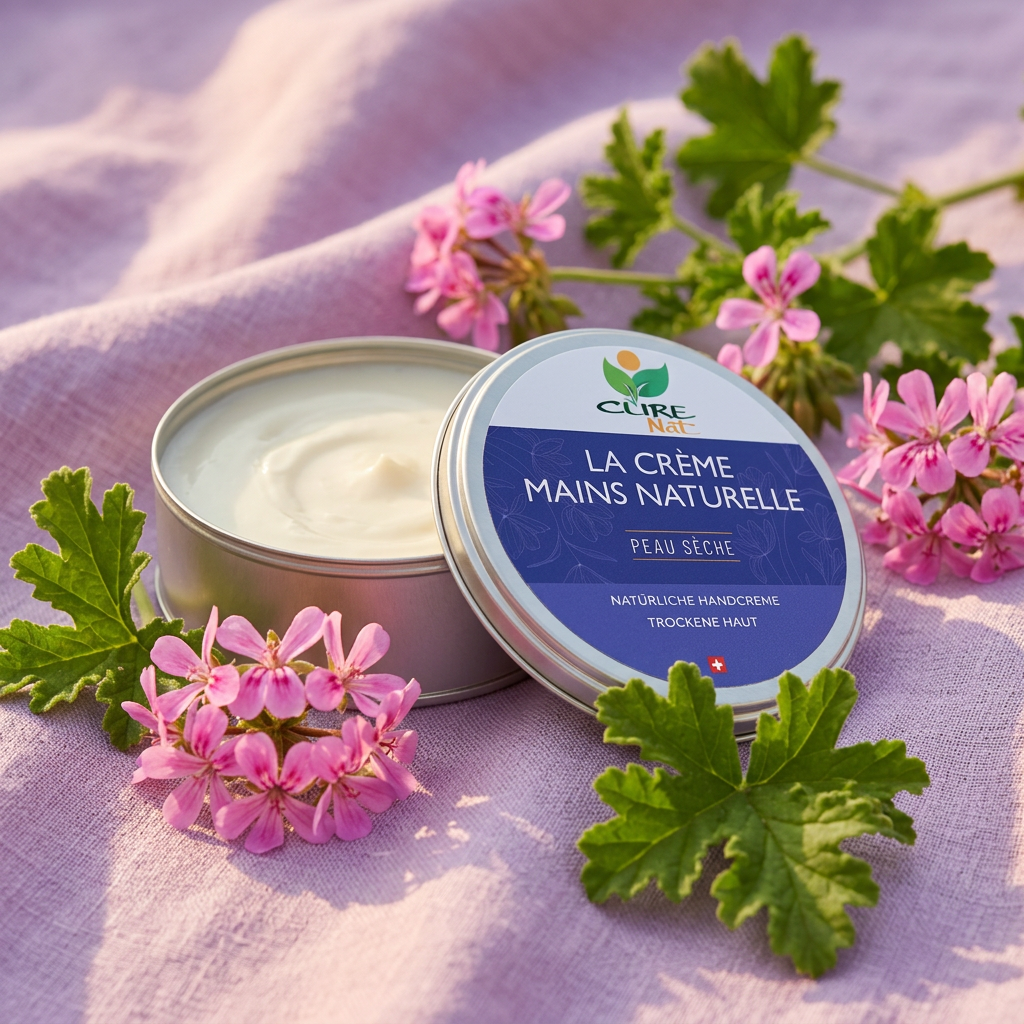 Boîte aluminium de crème mains naturelle CureNat sur lin lavande avec fleurs de géranium rosat