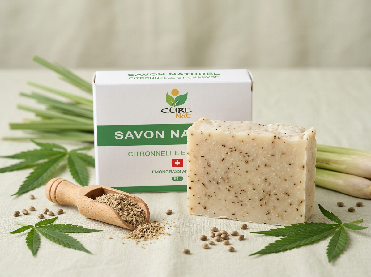 Savon naturel CureNat Citronnelle & Chanvre avec sa boîte, sur lin sage, brins de citronnelle et feuilles de chanvre