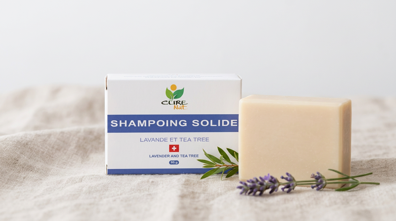 Shampoing solide CureNat Lavande & Tea Tree avec sa boîte carton, fleurs de lavande et branche de tea tree