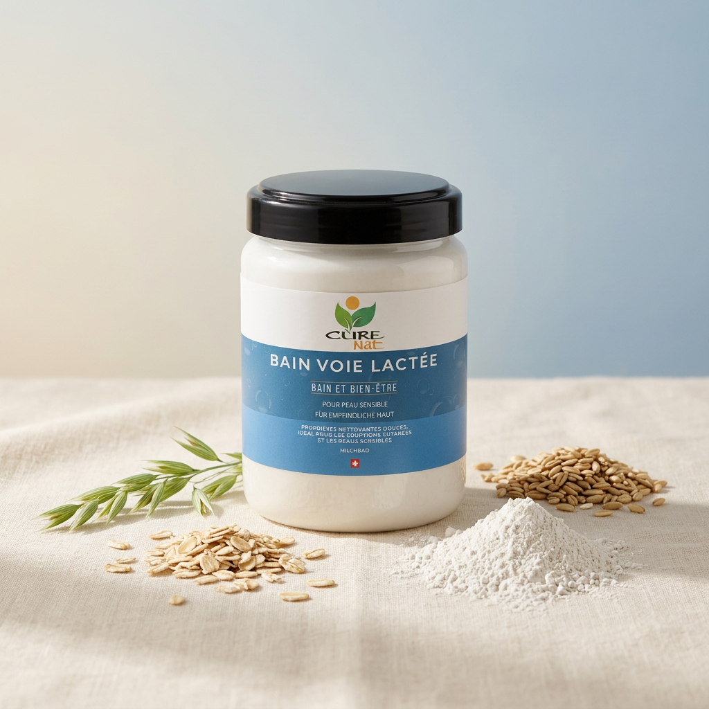 Pot de Bain Voie Lactée CureNat entouré d'avoine, de farine d'avoine et d'argile blanche kaolin